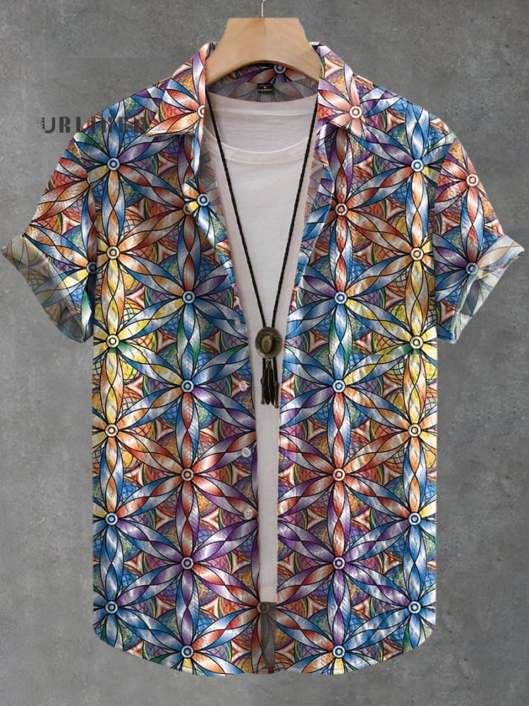 Vintage Casual Geometric Stitching Flowers Print Casual Jacquard Shirt