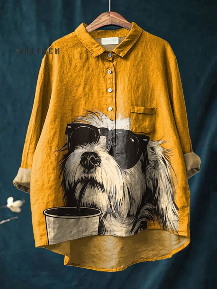 Cute Animal Sunglasses Coffee Dog Art Animal Vintage Print Casual Cotton And Linen Shirt