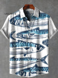 Cartoon Blue Fish Vintage Print Casual 100% Cotton Shirt