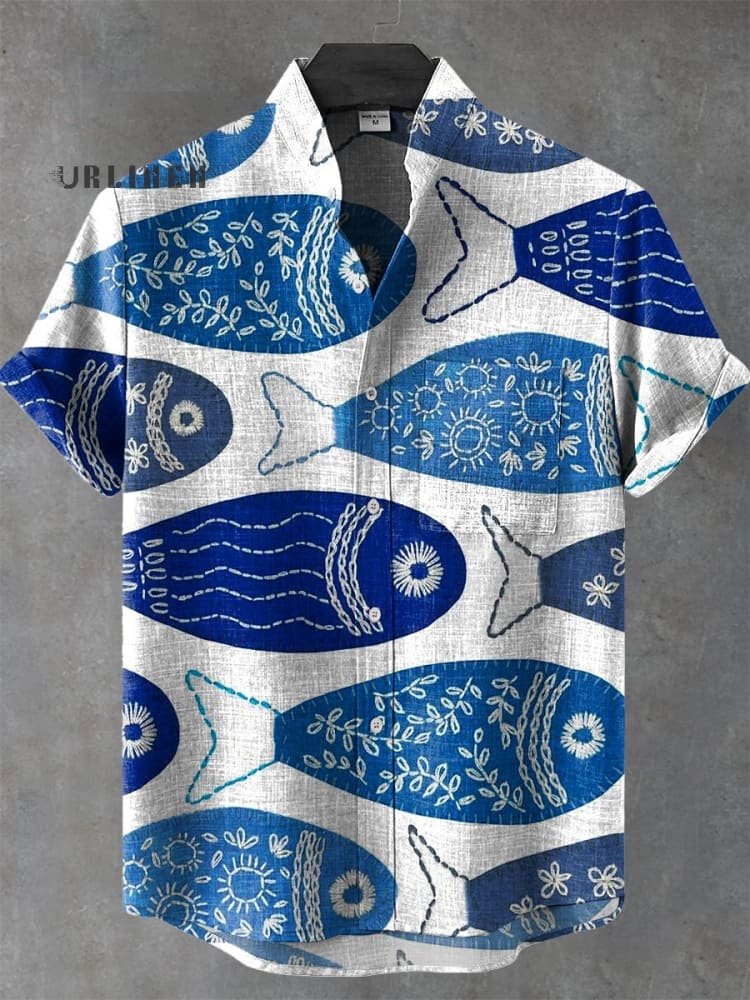 Vintage Fish Art Print Casual 100% Cotton Shirt