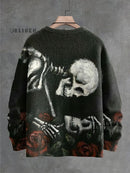 Fun Skull Rose Art Halloween Print Knit Pullover Sweater