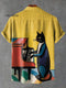 Vintage Mondrian Art Cat Playing Piano Print Casual 100% Cotton Shirt