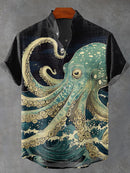 Fish Octopus Vintage Art Print Casual 100% Cotton Shirt