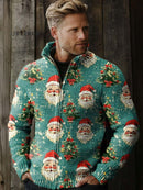 Casual Loose Retro Christmas Santa Print Stand collar zipper Knit jacket Sweater