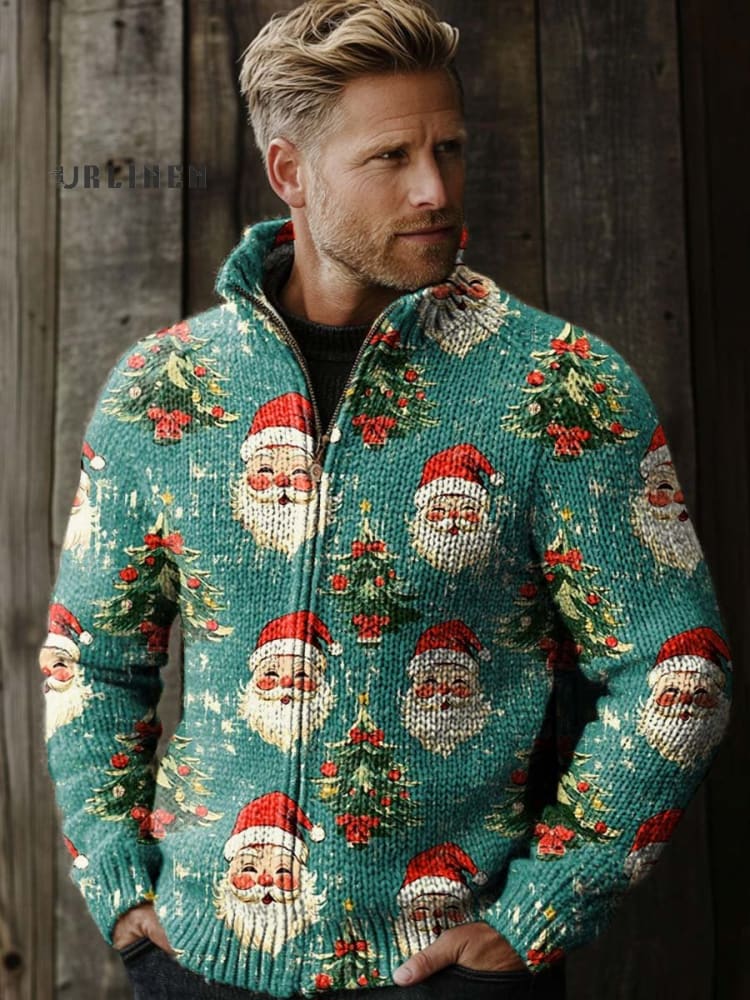 Casual Loose Retro Christmas Santa Print Stand collar zipper Knit jacket Sweater