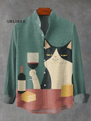 Interesting Simple Drinking Cat Art Print Casual 100% Cotton Shirt