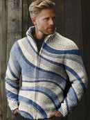 Men's Retro Blue Striped Curve Stacked Print Knitted Stand Collar Zipper Sweater