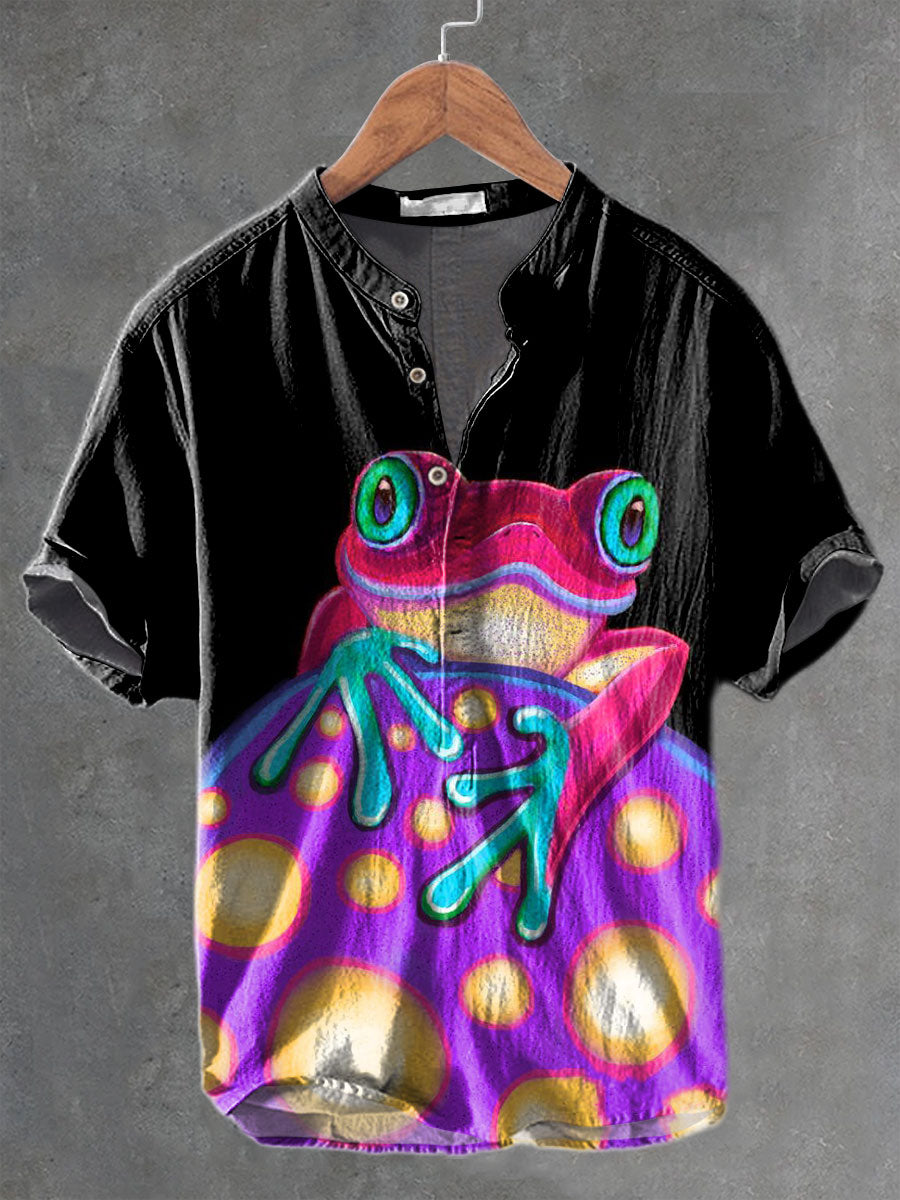 Colorful Frog Art Vintage Print Casual Cotton And Linen Polo