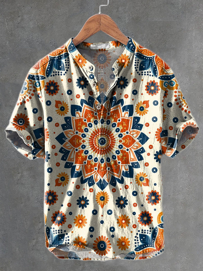 Bohemia Ethnic Pattern Art Vintage Print Casual Cotton And Linen Polo