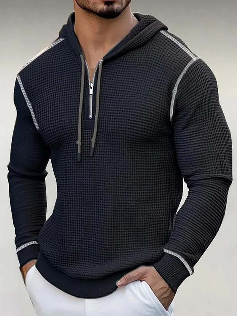 Men's Waffle Stripe Hoodie T-Shirt Top Casual Long Sleeve