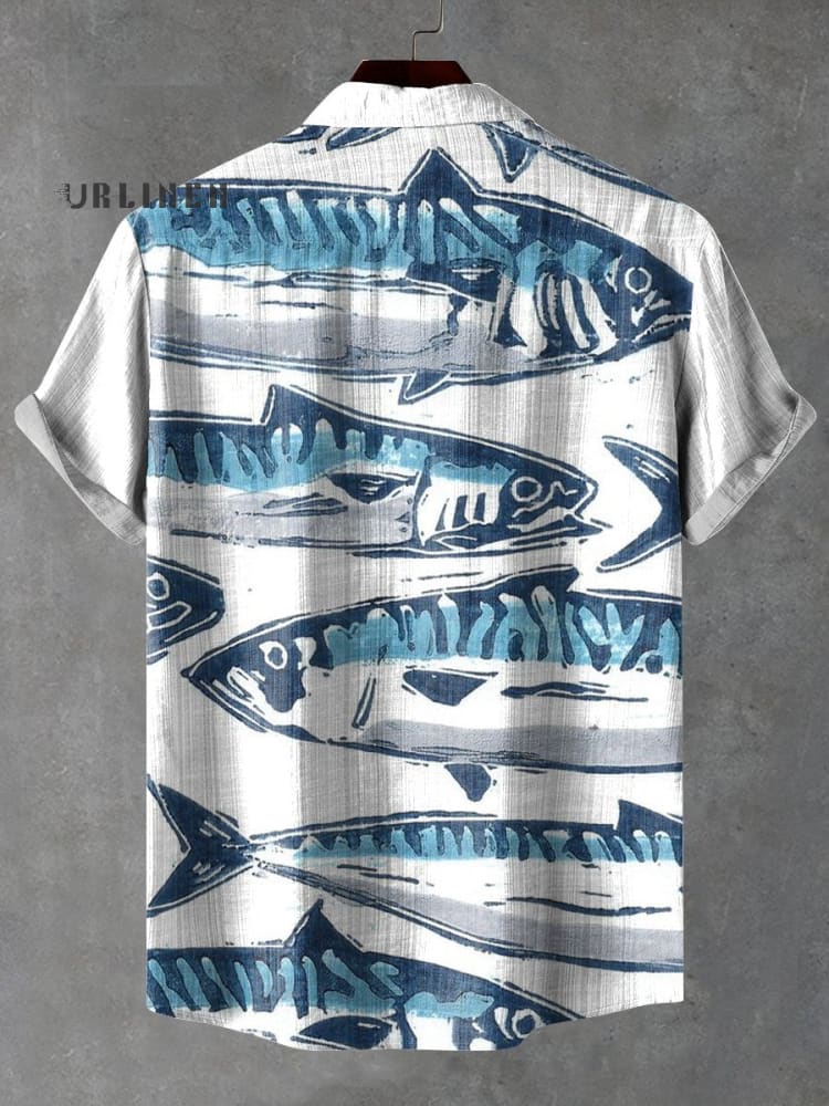 Cartoon Blue Fish Vintage Print Casual 100% Cotton Shirt