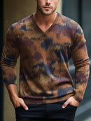 Brown Camouflage Decorative Pattern V-Neck Lnit Long Sleeve Sweater