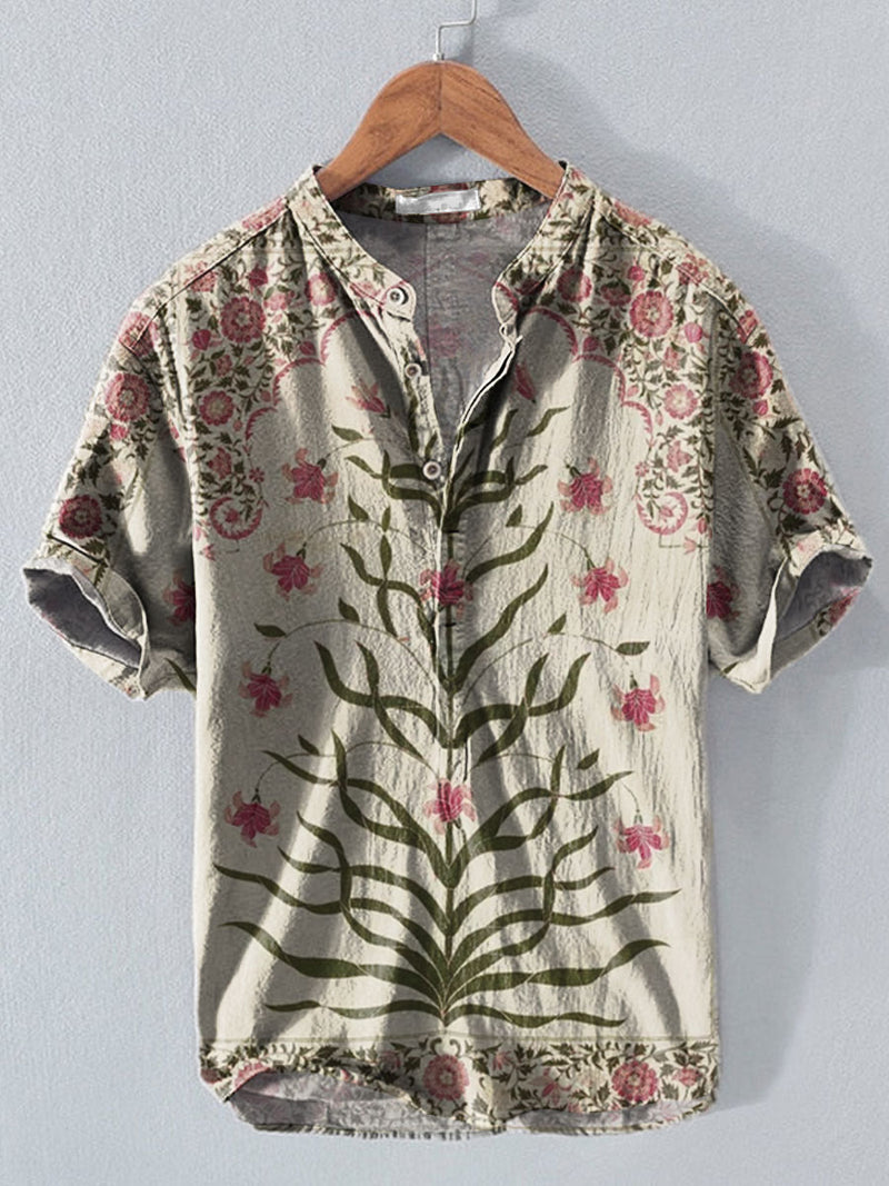 Indian Art Flowers Vintage Print Casual Cotton And Linen Polo