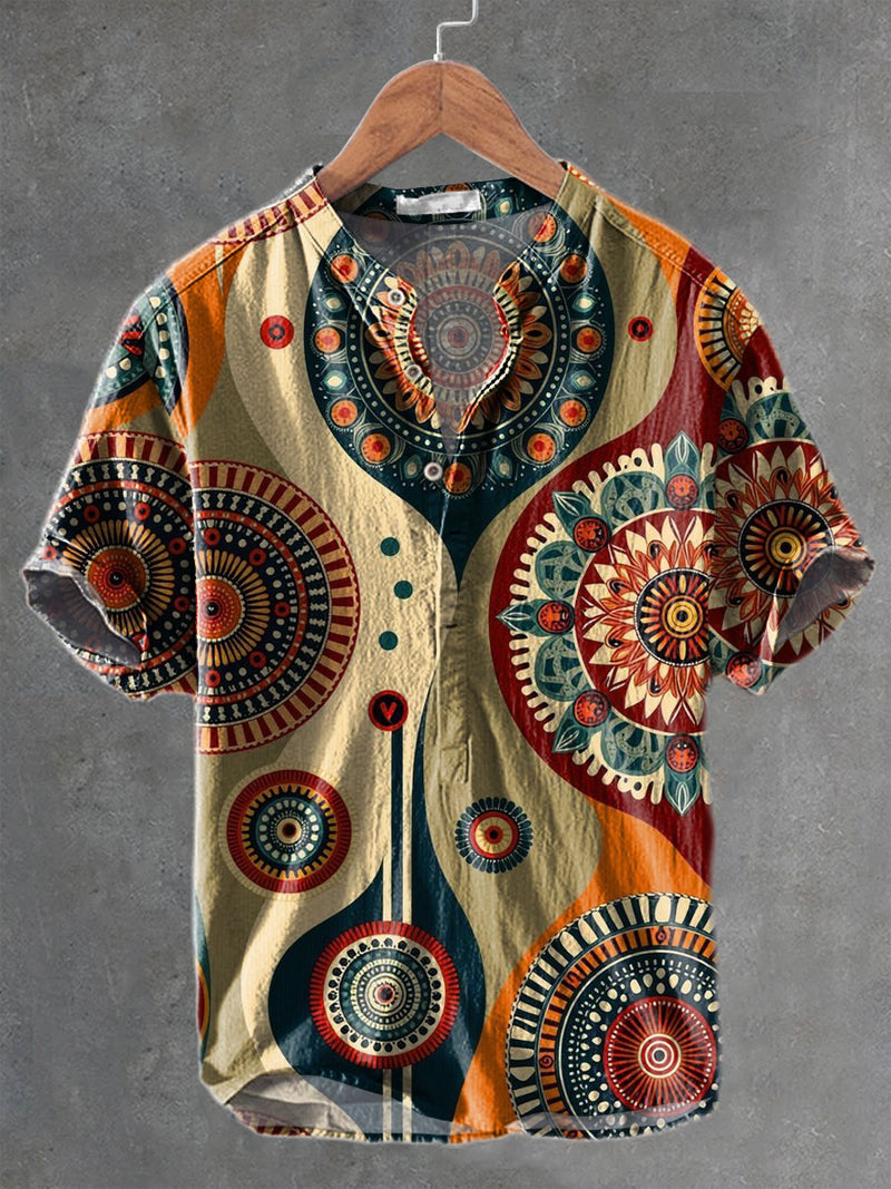 Bohemia Ethnic Pattern Art Vintage Print Casual Cotton And Linen Polo