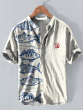 Japanese Art Sardines Print Casual Cotton And Linen Polo