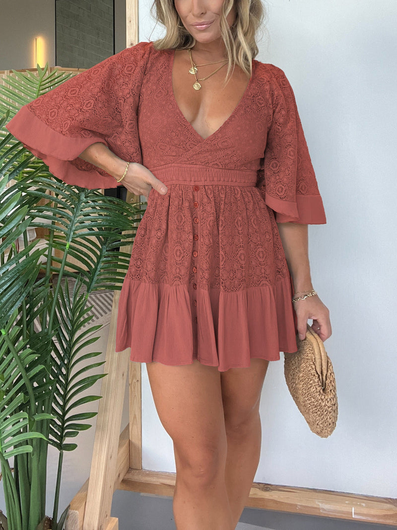 Open Back Lace Crochet Romper Dress