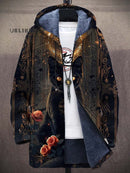 Men's Vintage Art Cat Pattern Unisex Plush Thick Long-Sleeved Sweater Cardigan Coat