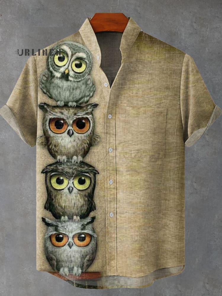 Funny Animals Owl Art Vintage Print Casual 100% Cotton Shirt