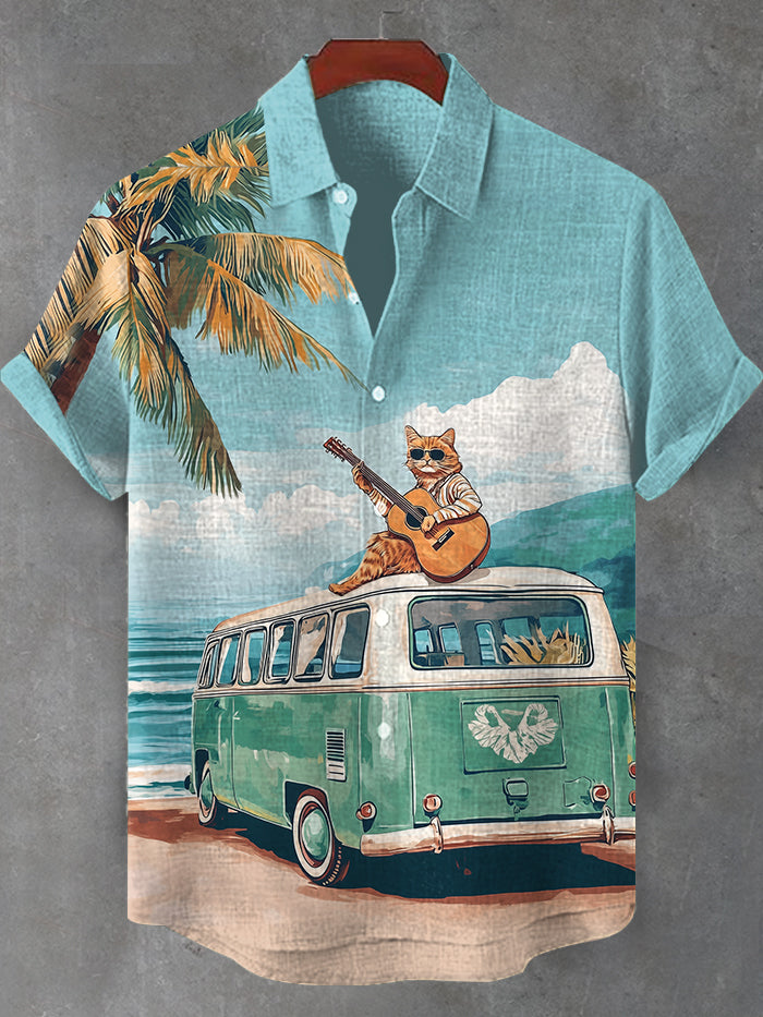 Men's Cat Playing Guitar On The Bus Coconut Tree Seaside Print Cotton Linen Shirt