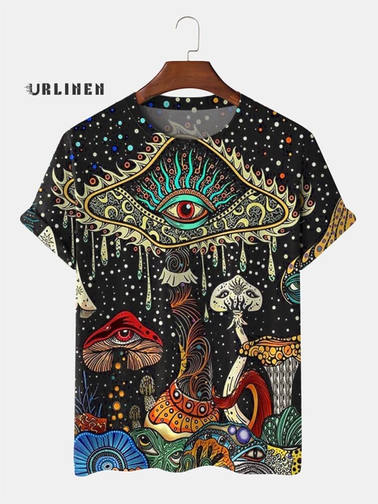 Vintage Psychedelic Eyes Mushroom Art Print Casual 100% Cotton Shirt