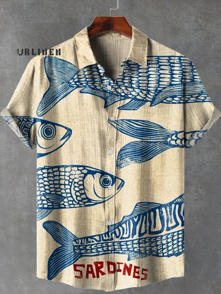 Blue Minimalist Line Fish Vintage Print Casual 100% Cotton Shirt