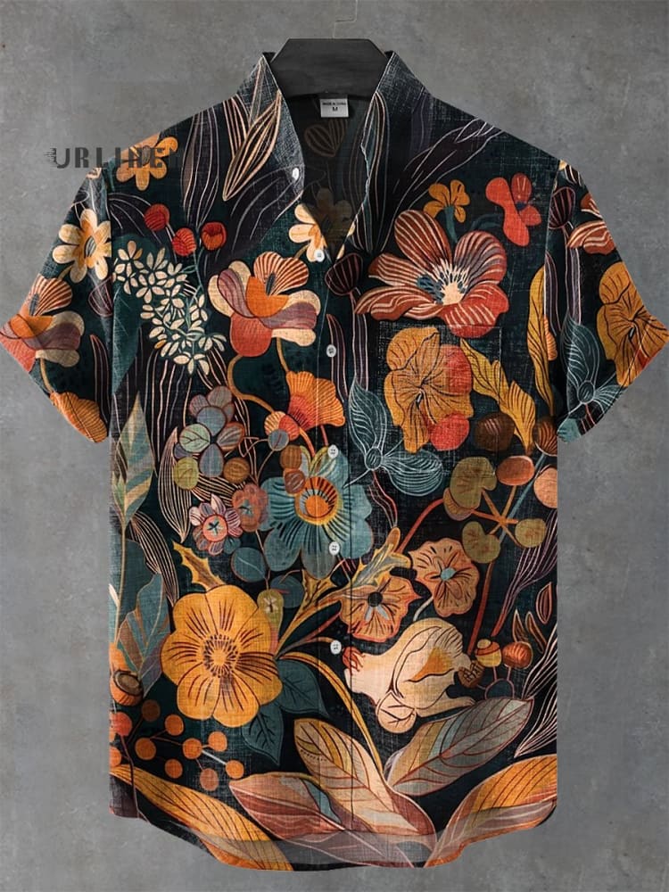 Vintage Flower Art Print Casual 100% Cotton Shirt