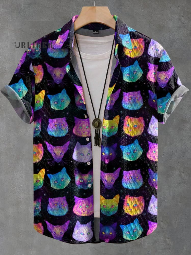 Colorful Starry Sky Cat Vintage Print Casual Jacquard Shirt