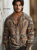 Men's Retro Symmetrical Tribal Mysterious Pattern Texture Print Cotton and Linen Casual Shirt