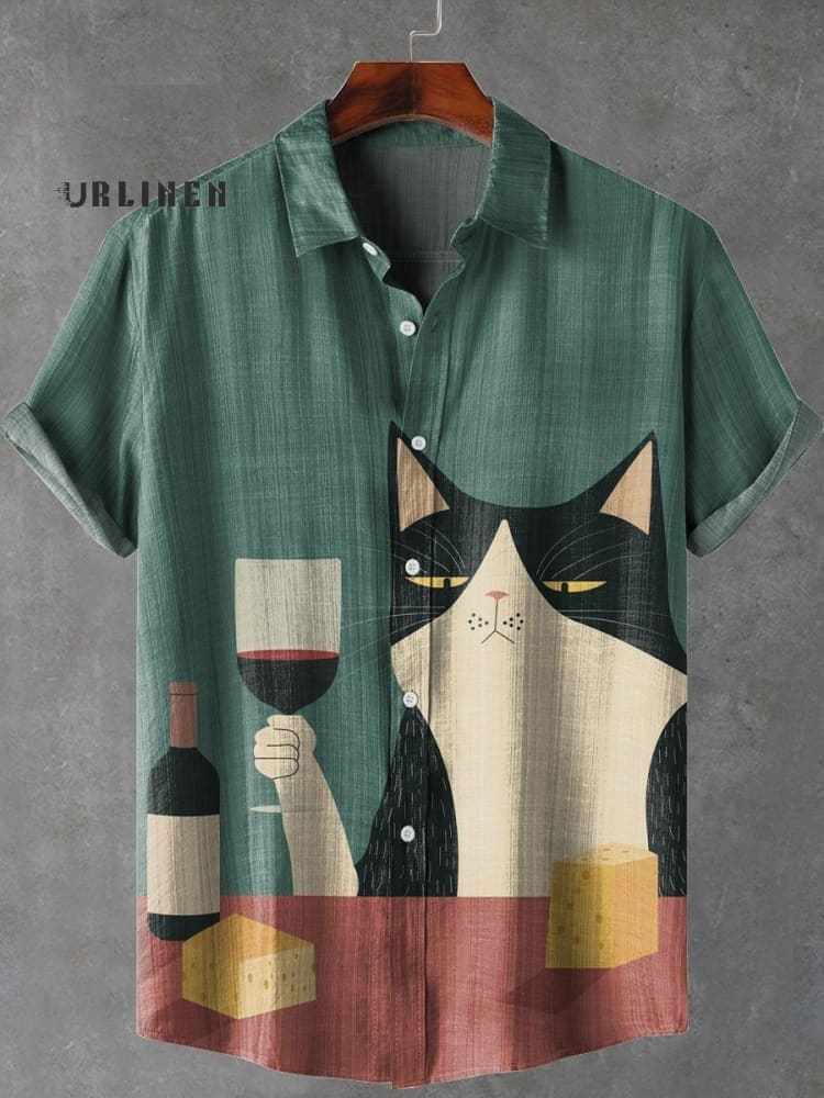 Interesting Simple Drinking Cat Art Print Casual 100% Cotton Shirt