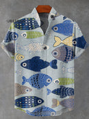 Vintage Lovely Fish Art Print Casual 100% Cotton Shirt