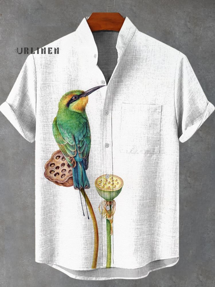 Birds and Lotuses Vintage Print Casual 100% Cotton Shirt