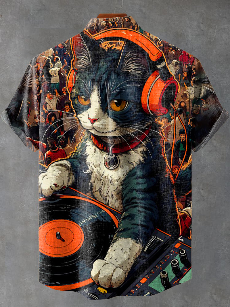 Vintage Cat DJ Music Art Print Casual 100% Cotton Shirt