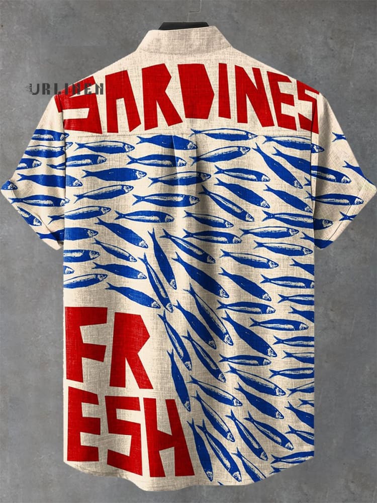 Vintage Fish Sardines Art Print Casual 100% Cotton Shirt