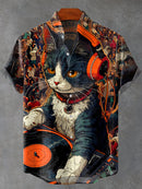 Vintage Cat DJ Music Art Print Casual 100% Cotton Shirt