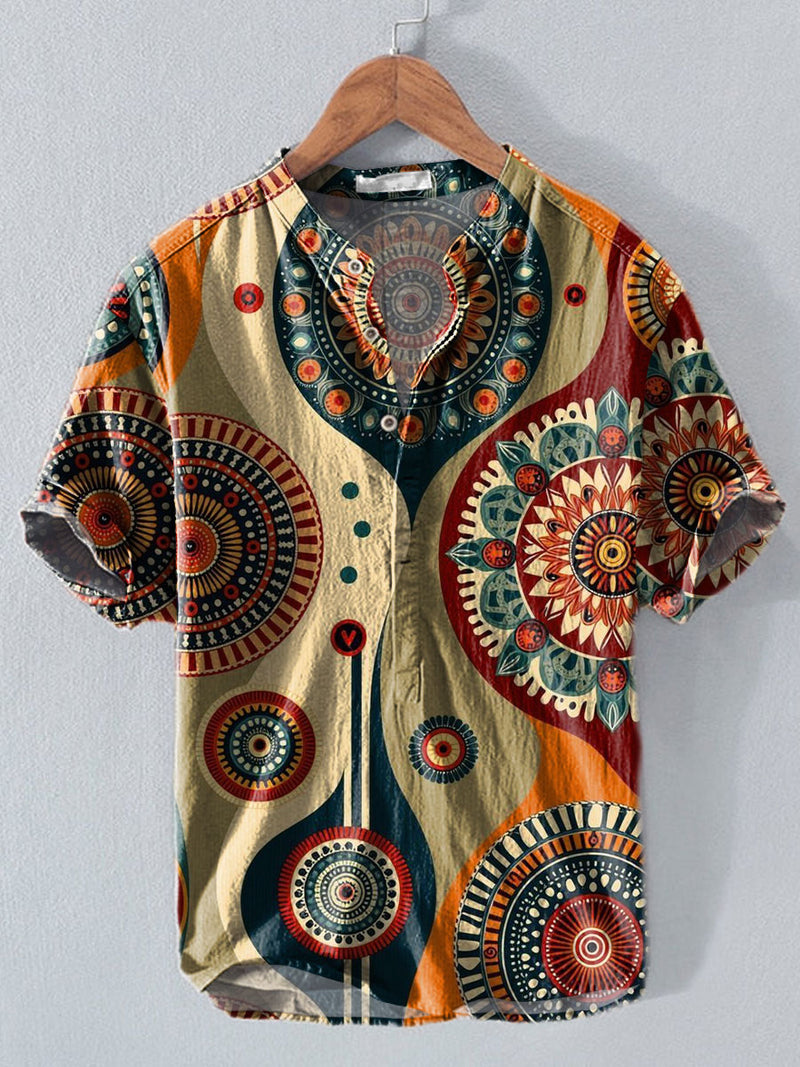 Bohemia Ethnic Pattern Art Vintage Print Casual Cotton And Linen Polo