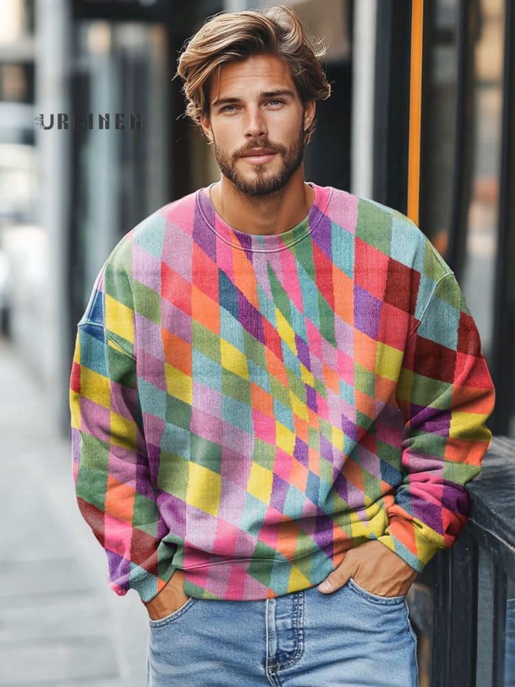 Men's Retro Plaid Colorful Curved Print Casual Sweatshirt