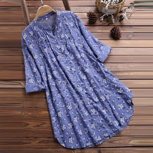 🌸Women's new cotton linen floral loose shirt dress