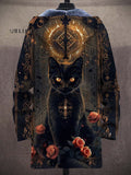 Men's Vintage Art Cat Pattern Unisex Plush Thick Long-Sleeved Sweater Cardigan Coat