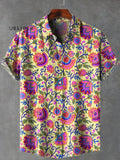 Vintage Art Flowers Plants Art Print Lapel Casual 100% Cotton Shirt