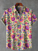 Vintage Art Flowers Plants Art Print Lapel Casual 100% Cotton Shirt