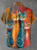 Cat Oil Painting Abstract Art Print Casual 100% Cotton Shirt