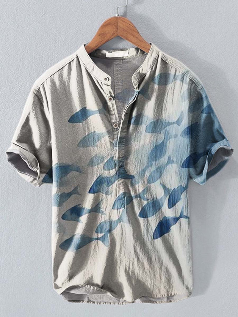 Watercolor Fish Art Print Casual Cotton And Linen Polo