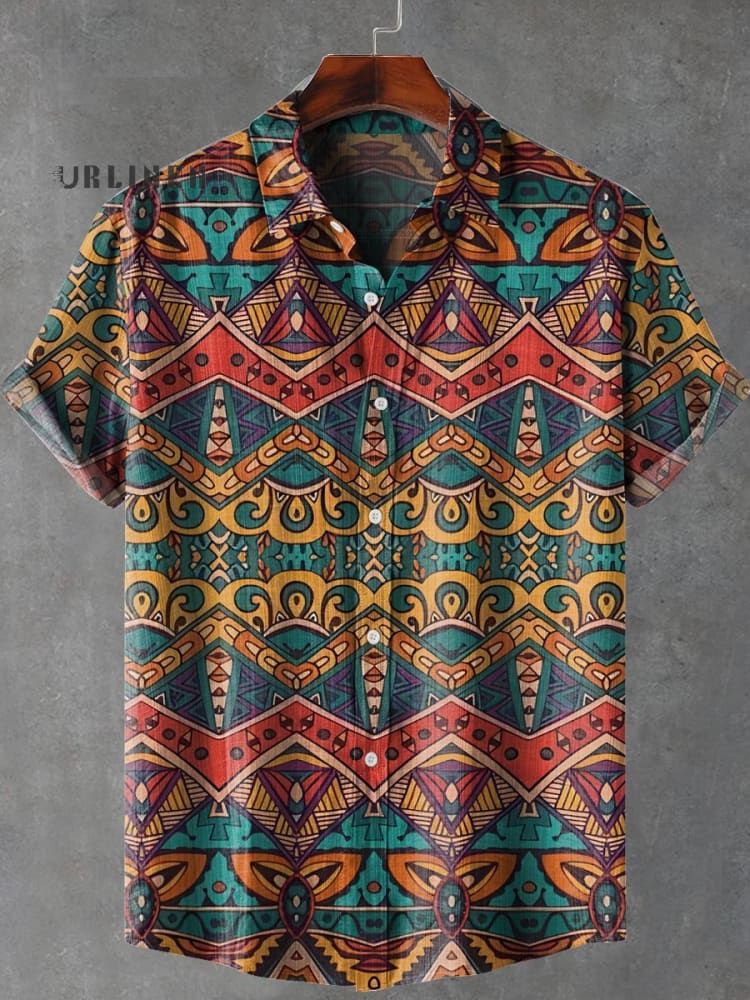 Vintage Ethnic Pattern Art Print Casual 100% Cotton Shirt