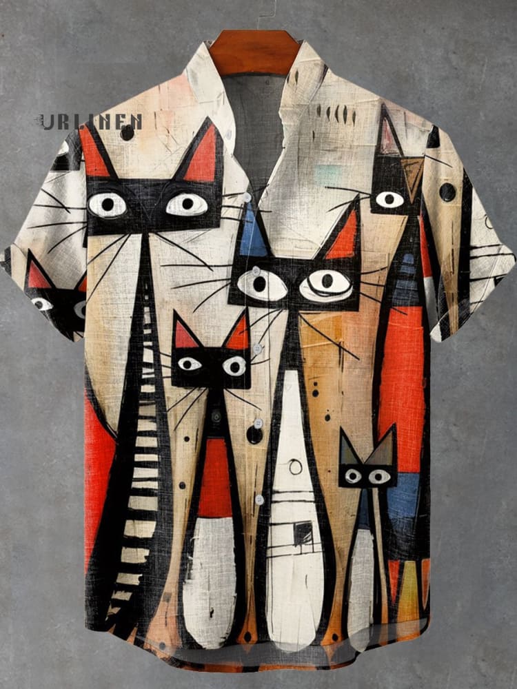 Vintage Cat Art Print Casual 100% Cotton Shirt