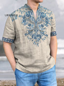 Blue Bohemian National Style Vintage Print Casual 100% Cotton Shirt