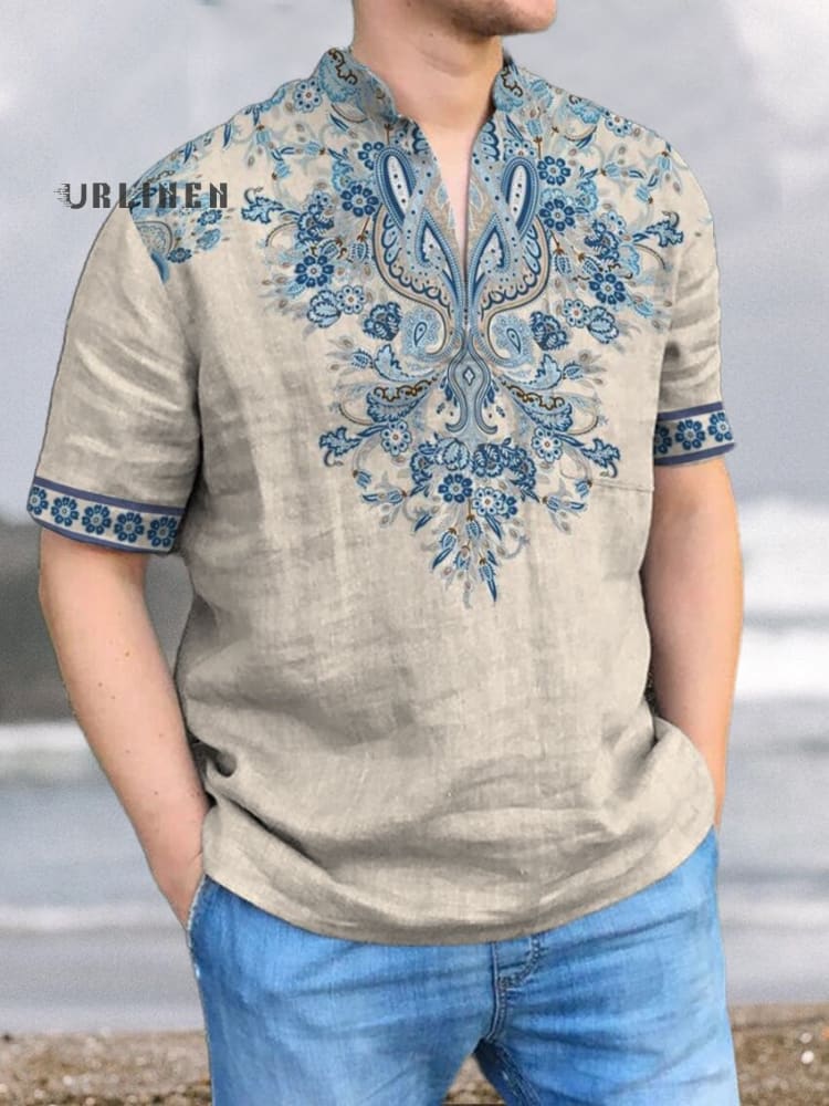 Blue Bohemian National Style Vintage Print Casual 100% Cotton Shirt