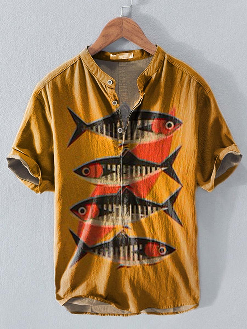 Vintage Art Prints Sardines Print Casual Cotton And Linen Polo