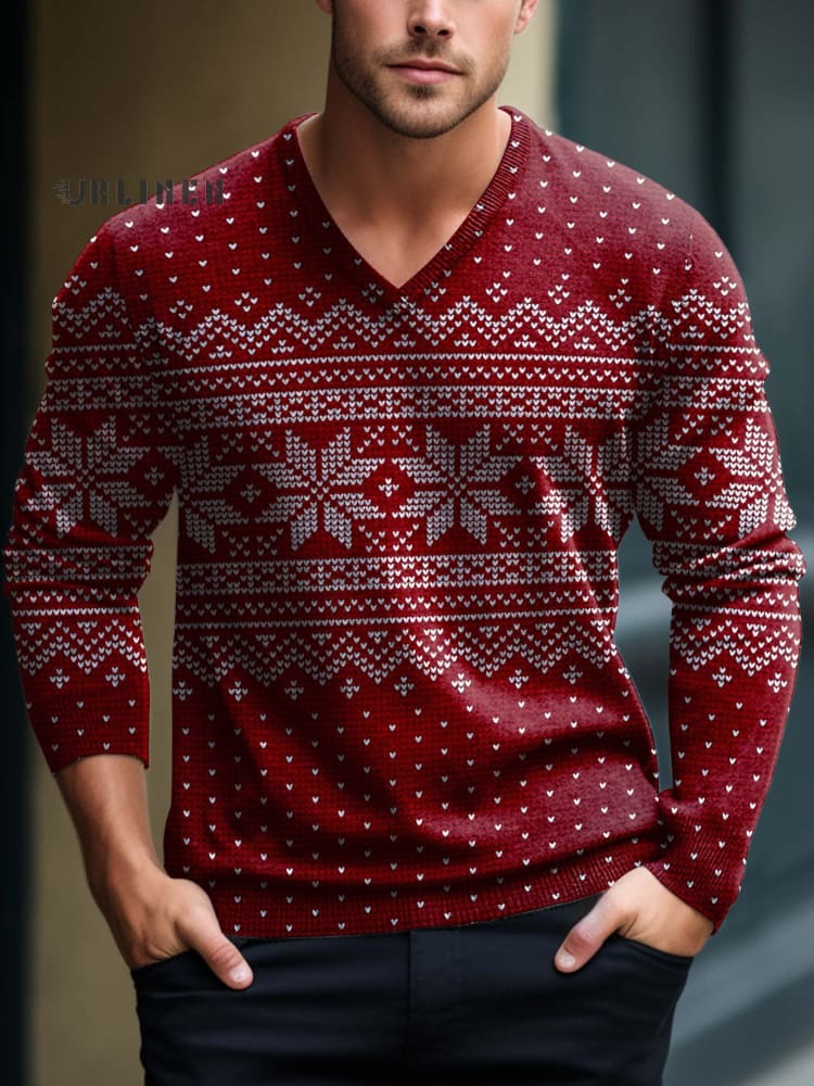 Winter Classic Knitted Pattern Decorative Pattern V-Neck Lnit Long Sleeve Sweater