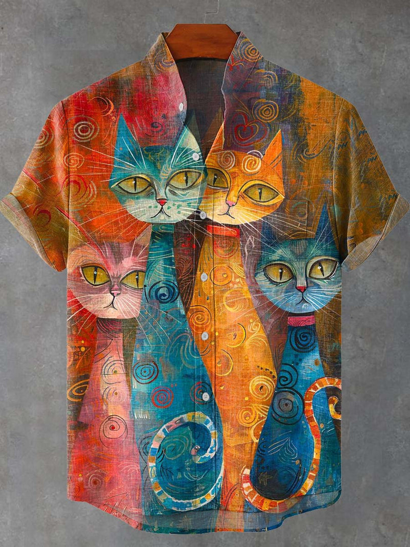 Cat Oil Painting Abstract Art Print Casual 100% Cotton Shirt