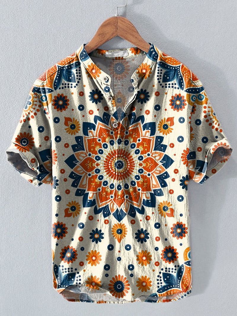 Bohemia Ethnic Pattern Art Vintage Print Casual Cotton And Linen Polo